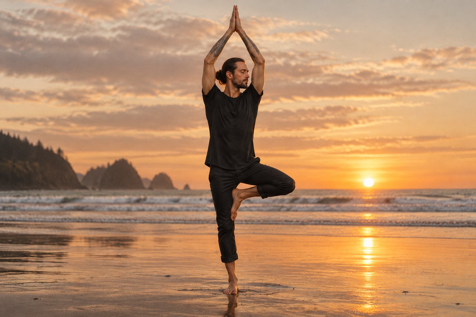 Man in the black Flow Tee holding a standing balance pose barefoot on the beach at sunset