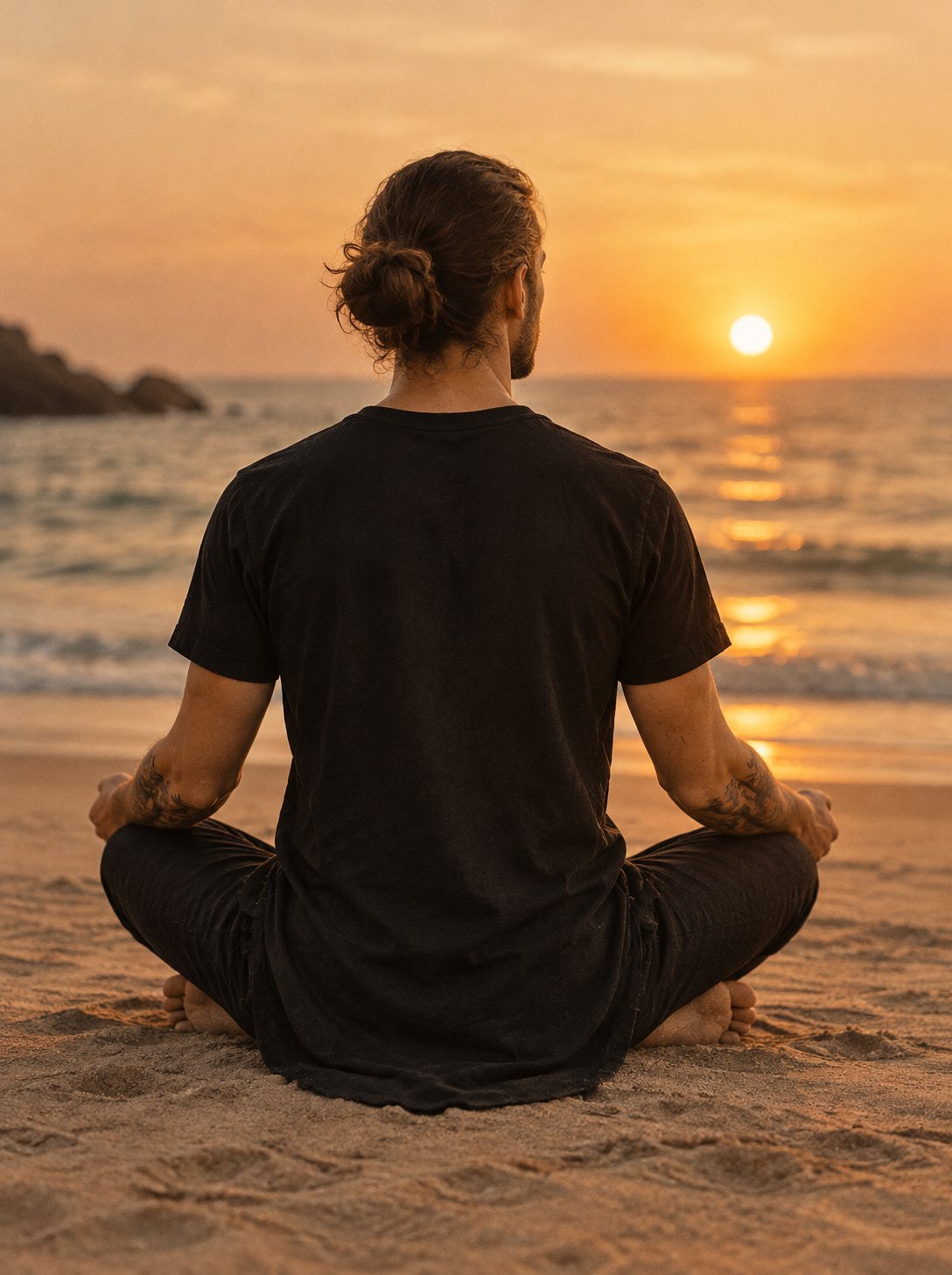 Seated meditation on the sand at sunset, the long back hem of the Flow Tee resting on the sand