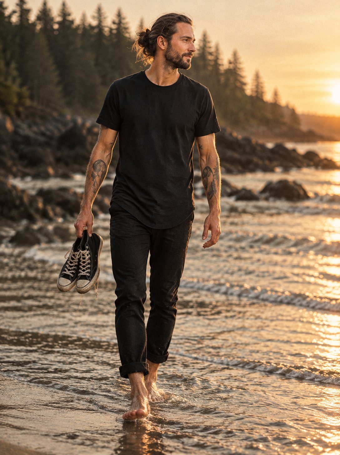 Walking barefoot along the shoreline at golden hour, sneakers in hand