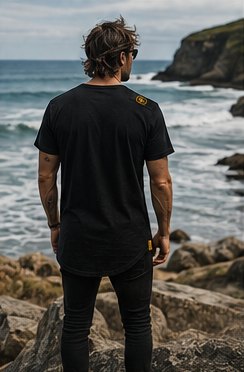 Back view of the tee on a rocky coastline