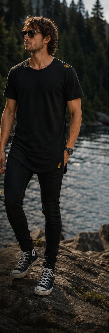Man in the black Björn Awake Flow Tee standing on river rocks in a forest