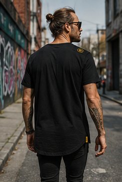 Back view showing the longer back hem