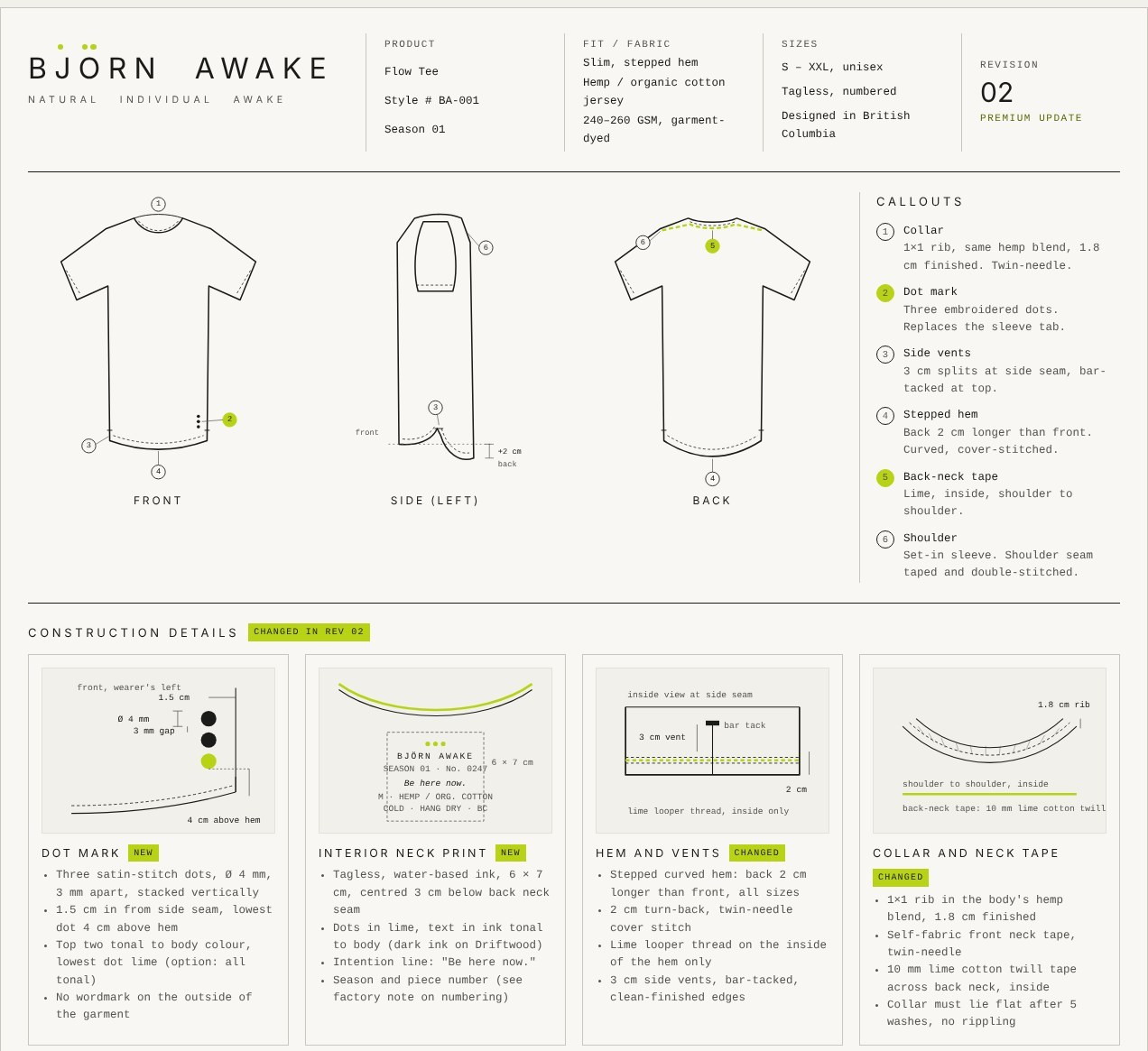 Flow Tee tech pack revision 02: front, side and back flats with the stepped hem, side vents, dot mark, collar and neck print details